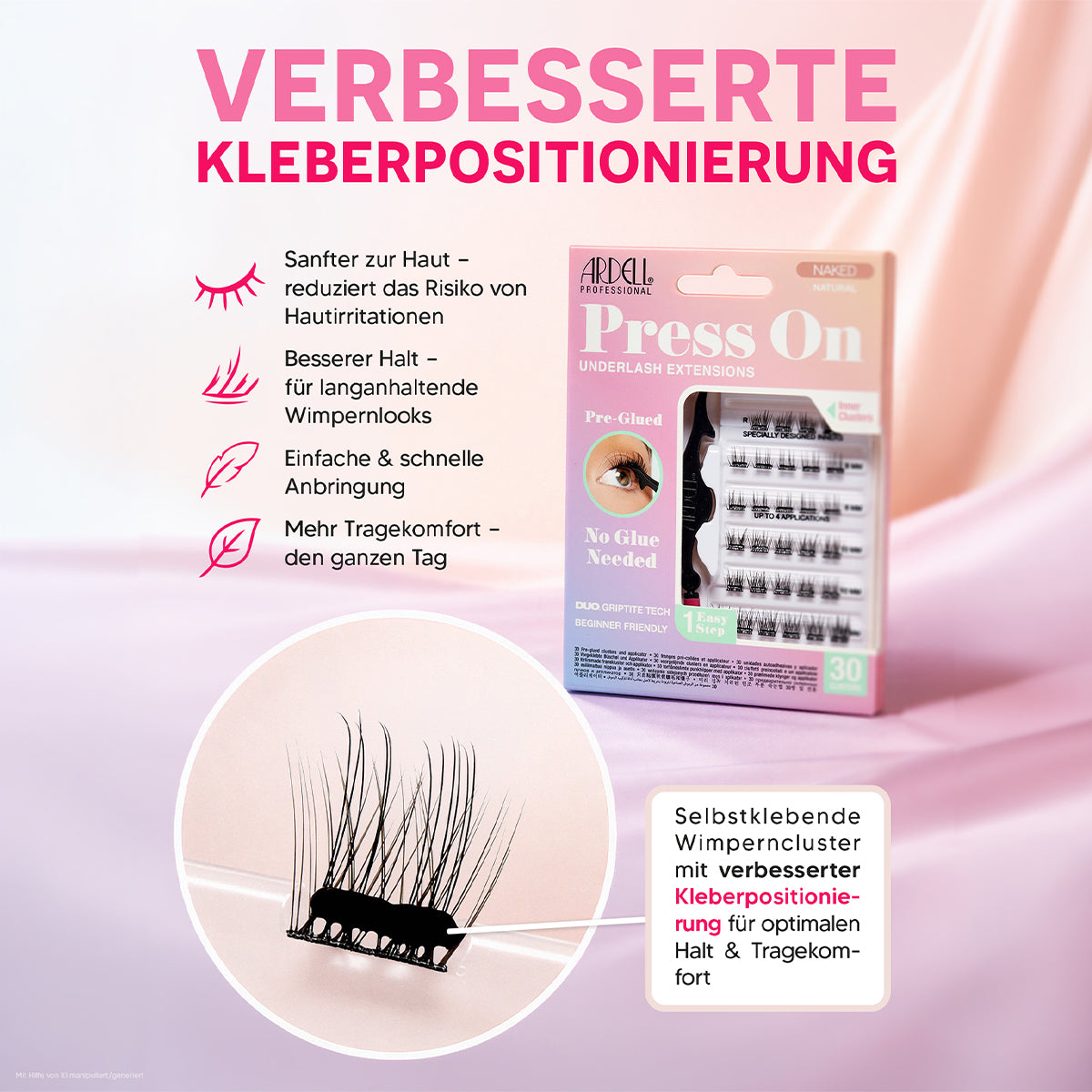 Erklärungsbild zur verbesserten Klebepositionierung bei den Press On Lashes. Für optimalen Halt und Tragekomfort ist der Kleber nun höher positioniert und nicht mehr direkt am Band.