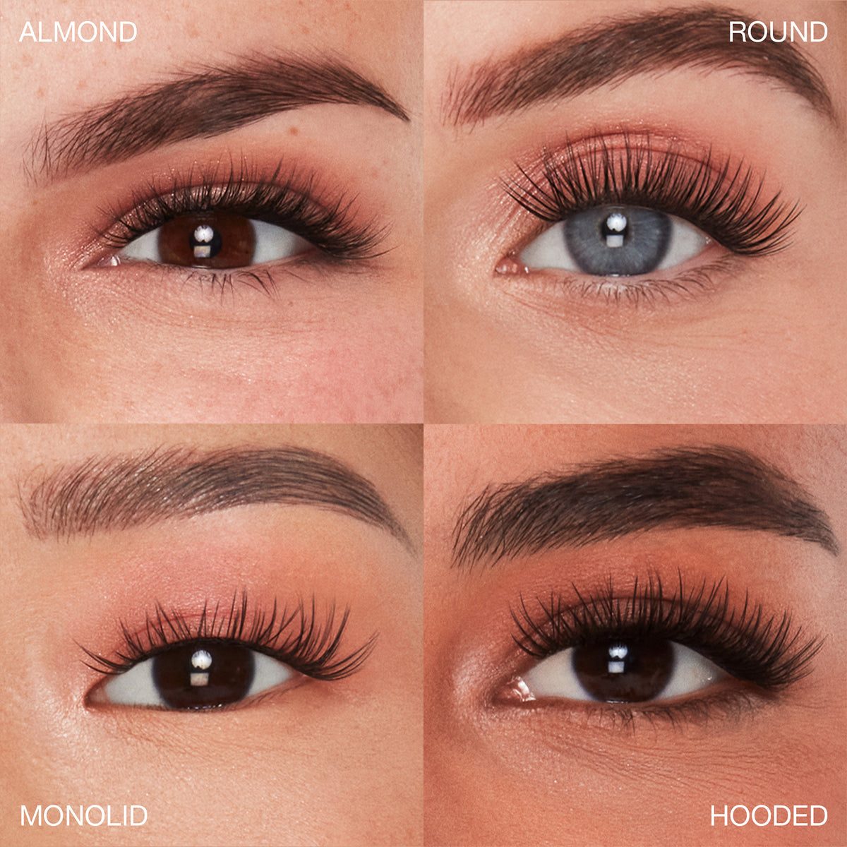 Künstliche Wimpern an vier Augenformen: mandelförmig, rund, Monolid und Schlupflid.