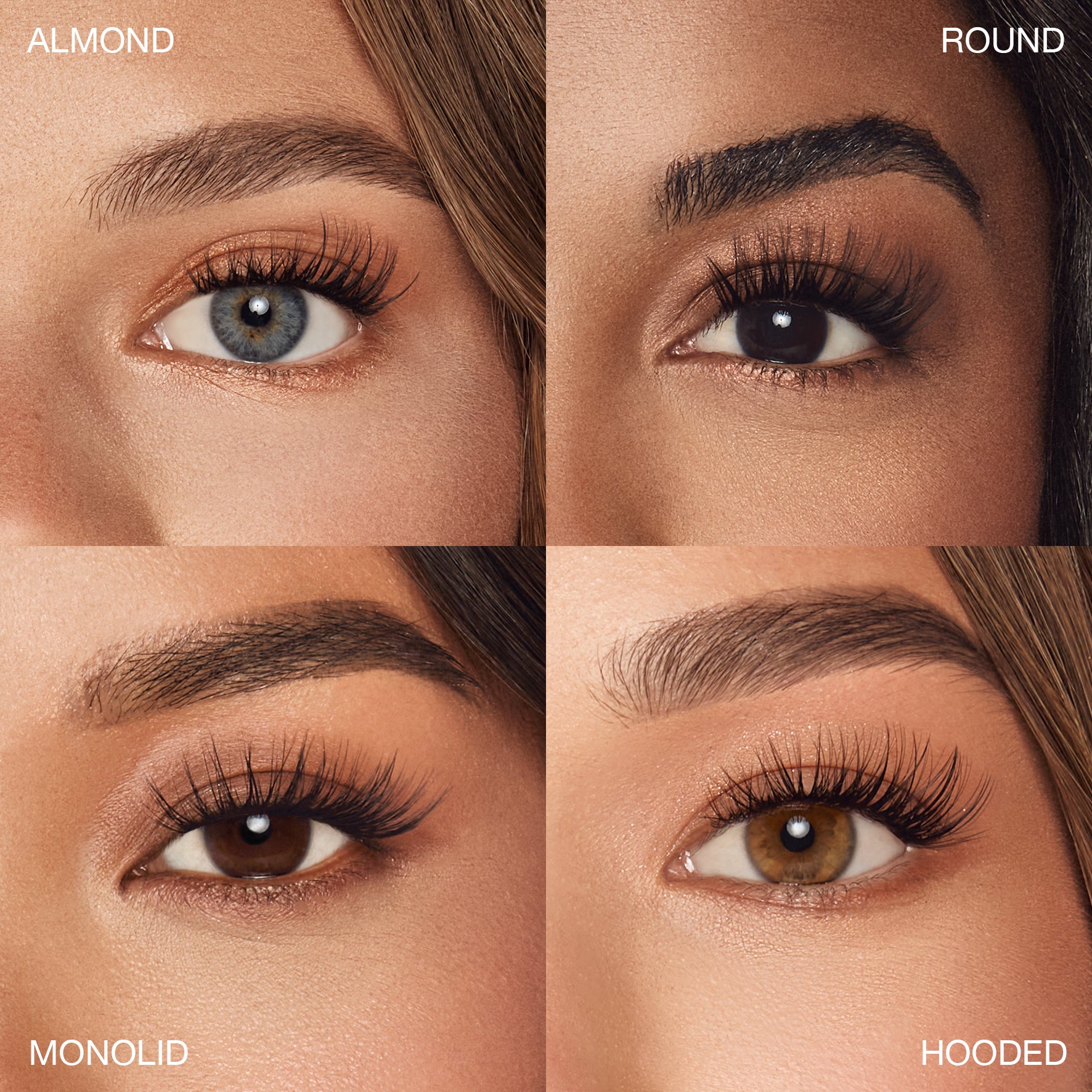 Vier Augenformen mit künstlichen Wimpern im Vergleich: Almond, Round, Monolid und Hooded