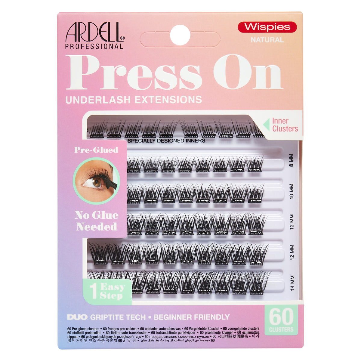 Ardell Press On Wispies Natural Underlash Extensions mit 60 selbstklebenden Wimpernbüscheln in verschiedenen Längen.