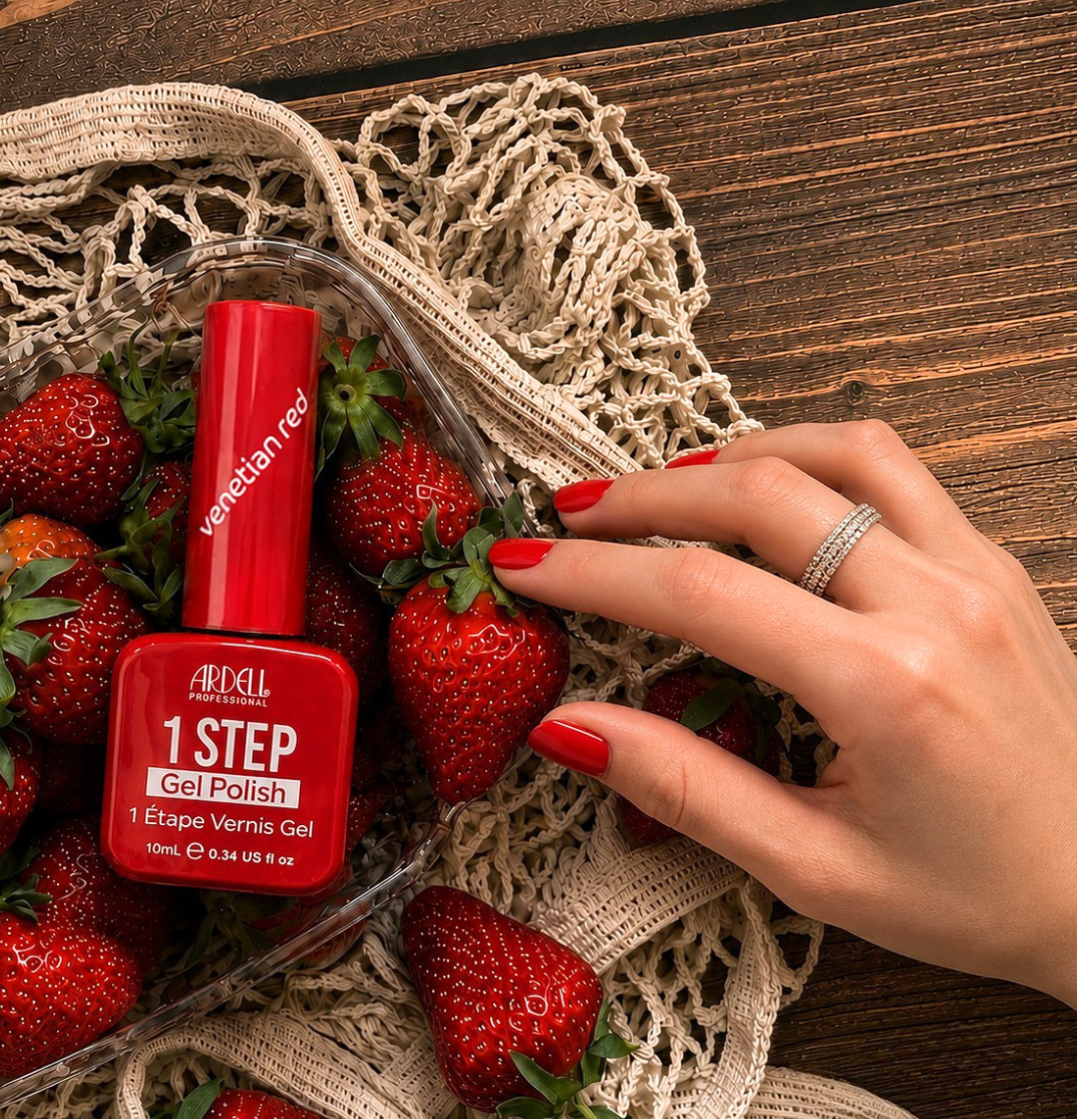 Roter Lack "Venetian Red" liegt in Erdbeeren und eine Hand mit dem roten Lack auf den Nägeln, greift nach einer Erdbeere