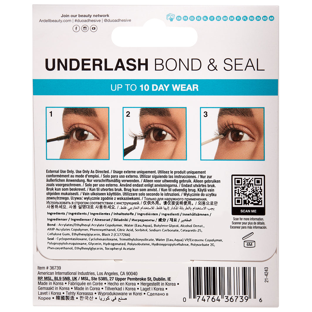 DUO Underlash Bond & Seal Verpackungsrückseite mit Anwendungsschritten und Produktinformationen