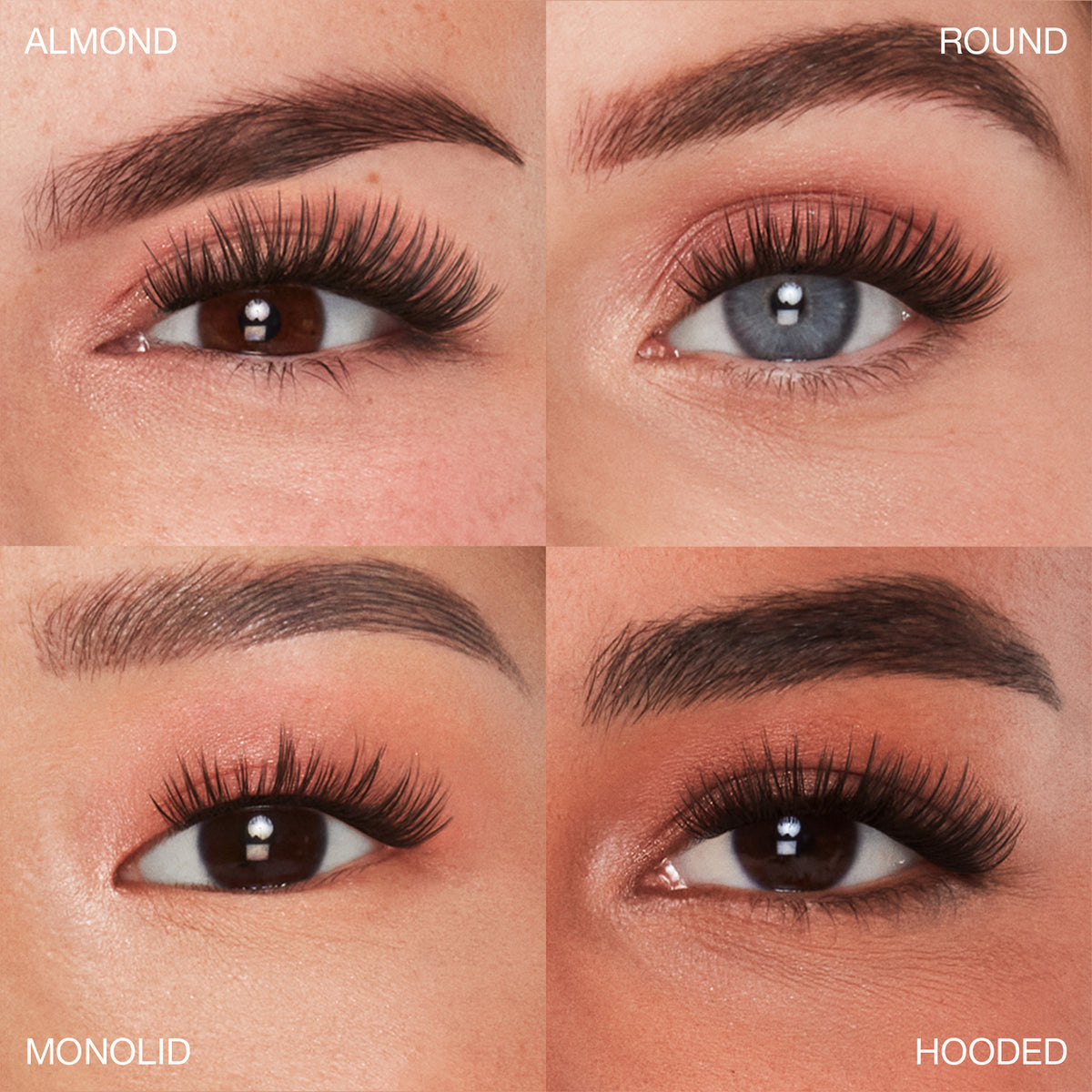 Künstliche Wimpern an vier Augenformen: mandelförmig, rund, Monolid und Schlupflid.