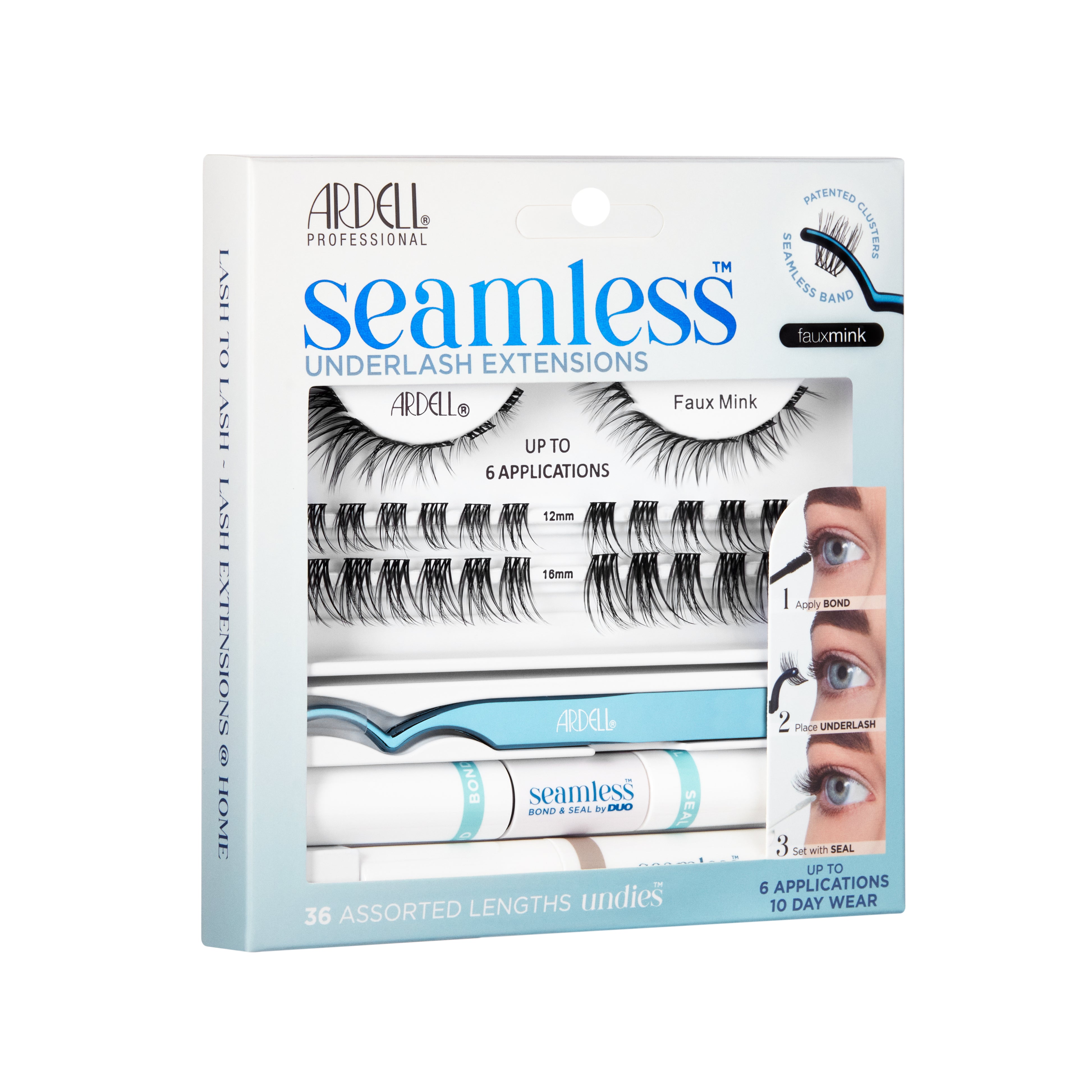 Ardell Seamless Underlash Extensions Faux Mink Verpackung mit 36 Wimpernsegmenten, Applikator, Bond, Seal und Anwendungsschritten.