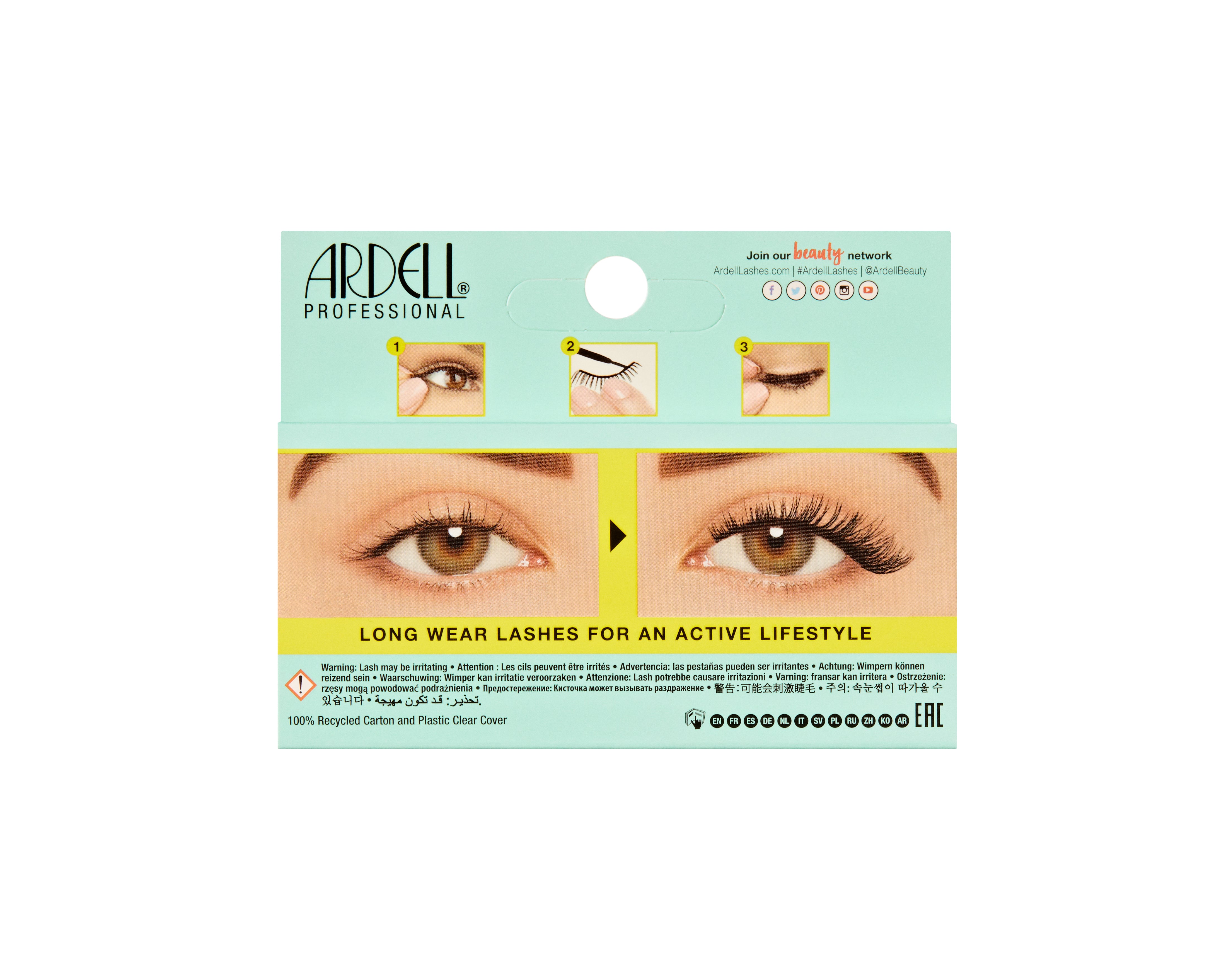 Ardell Active Lash Speedy Verpackungsrückseite mit Anwendungshinweisen und Ergebnisbild am Auge.