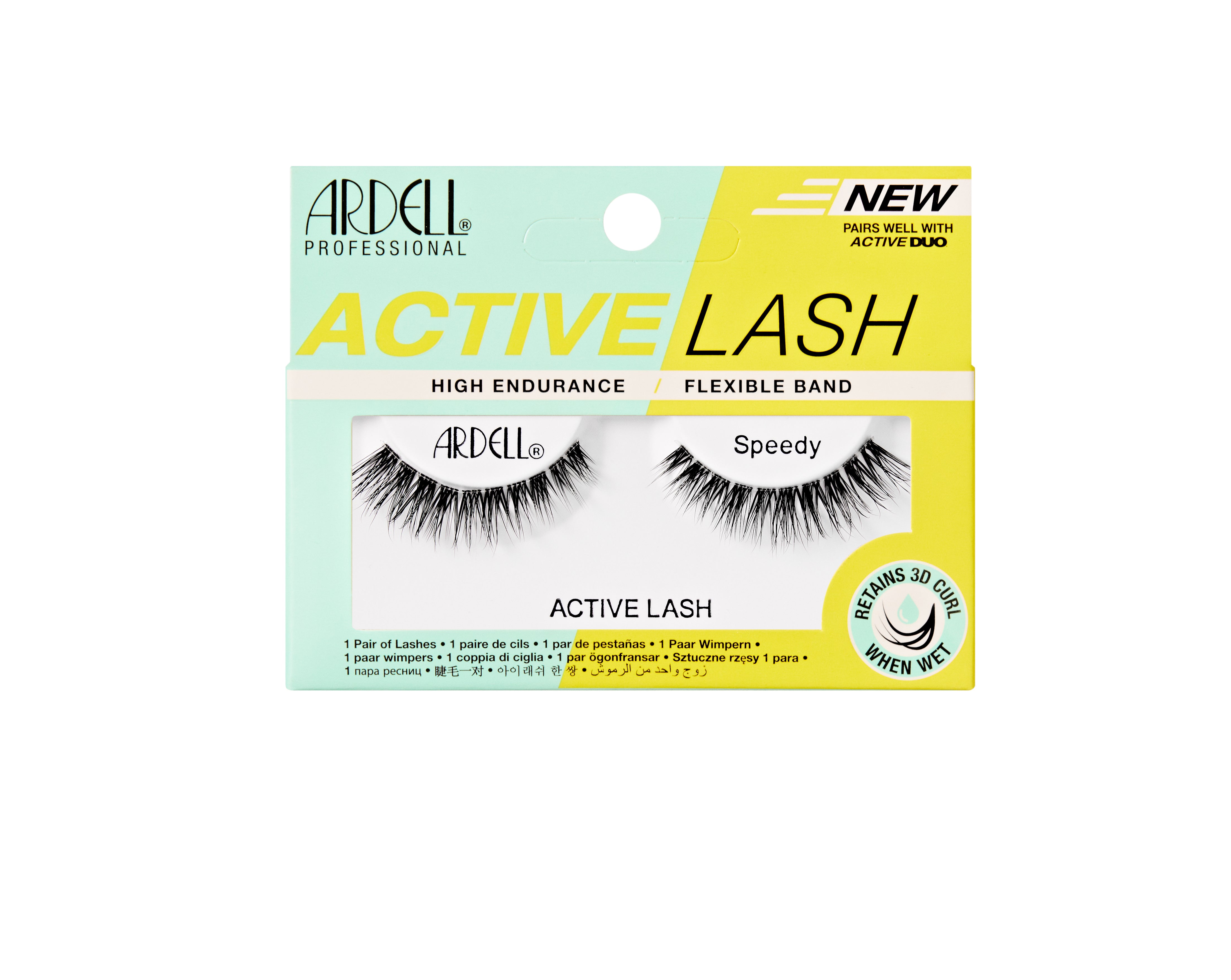 Ardell Active Lash Speedy künstliche Wimpern mit flexiblem Band in gelb-mintfarbener Verpackung.