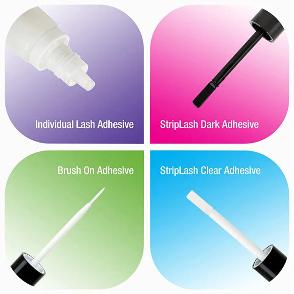 Grafik mit vier Wimpernkleber-Applikatoren: Individual Lash Adhesive, StripLash Dark Adhesive, Brush On Adhesive und StripLash Clear Adhesive auf farbigen Hintergründen