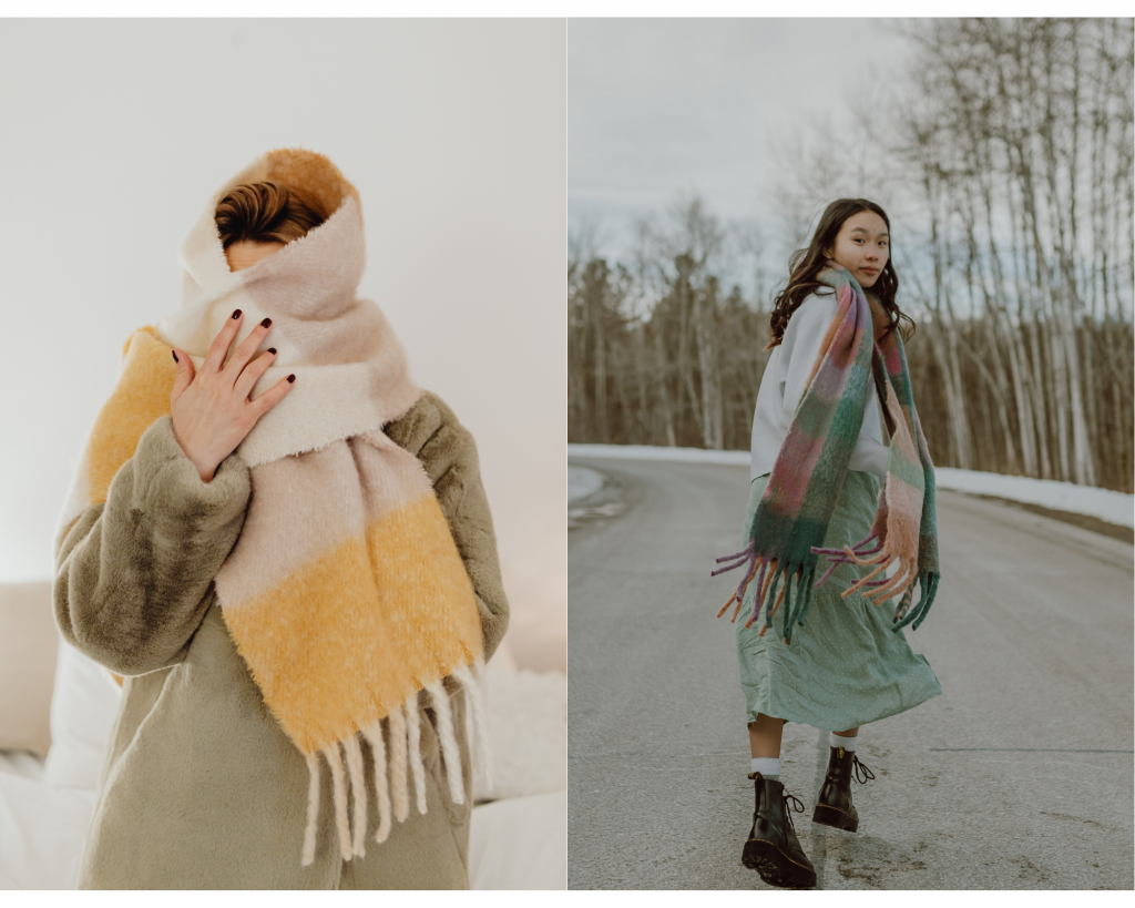 Als Collage sind zwei Winterlooks auf winterlichem Hintergrund zu sehen. Beide Looks zeigen eine Frau mit Mantel und einem großen Schaal, mit Boots. Die Collage dient zur Inspiration von First Date Looks.
