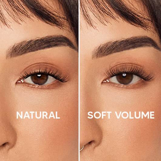Vergleich der zwei verschiedenen Styles der Naked Press On Lashes in Natural und Soft Volume.